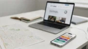 Redaktionsarbeitsplatz mit Laptop, Stadtkarte und Smartphone für ein lokales Nachrichtenportal