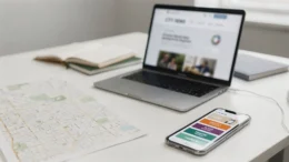 Redaktionsarbeitsplatz mit Laptop, Stadtkarte und Smartphone für ein lokales Nachrichtenportal