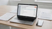 Laptop mit Firmenrecherche im Zefix, daneben Notizen zu Rechtsform, Sitz und Firmenstatus.