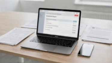 Laptop mit Firmenrecherche im Zefix, daneben Notizen zu Rechtsform, Sitz und Firmenstatus.