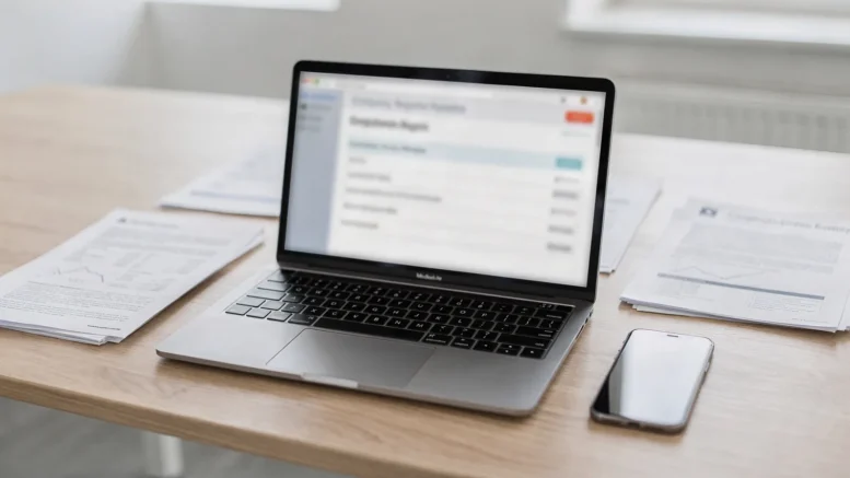 Laptop mit Firmenrecherche im Zefix, daneben Notizen zu Rechtsform, Sitz und Firmenstatus.
